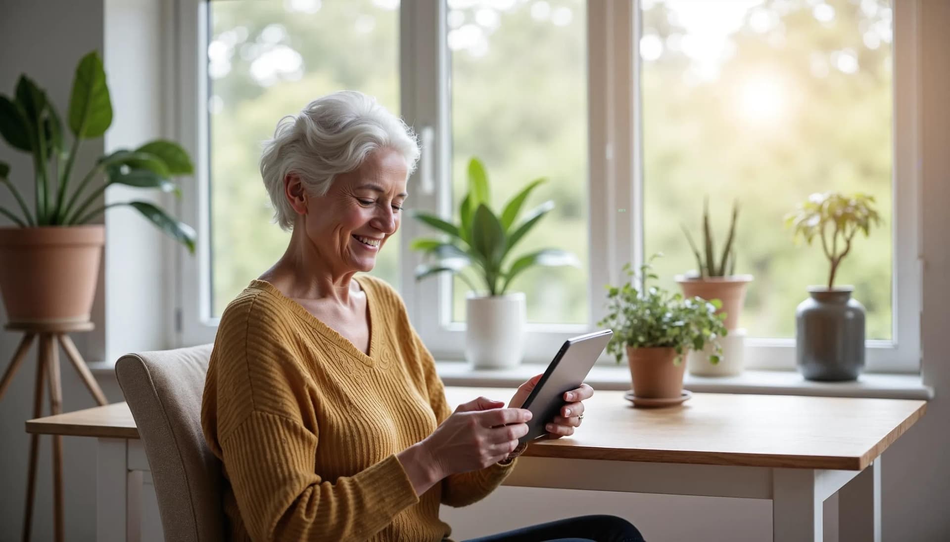 A senior woman, seated in the dining room, is using a tablet to learn about mental health