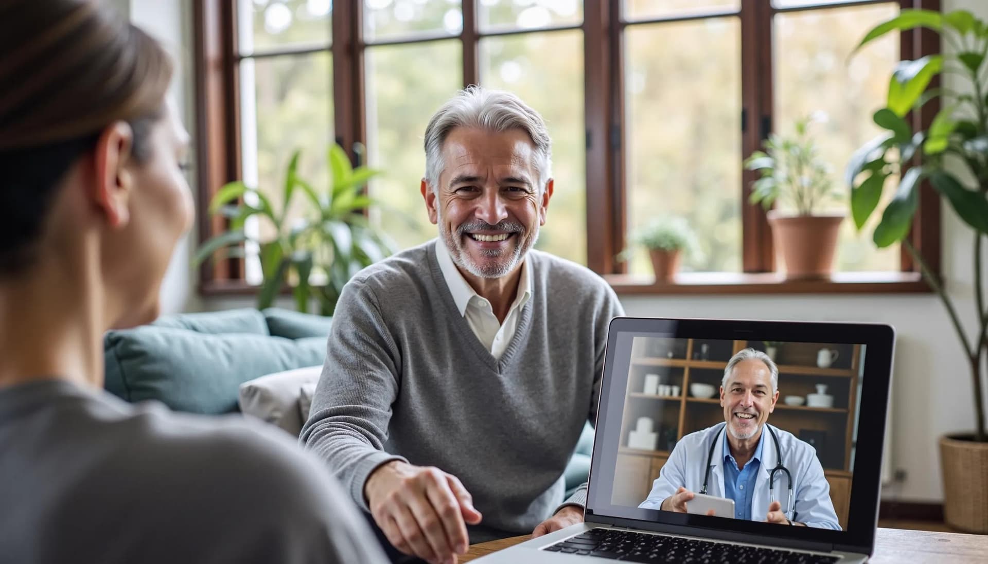 A senior person smiling after a telehealth session with their doctor